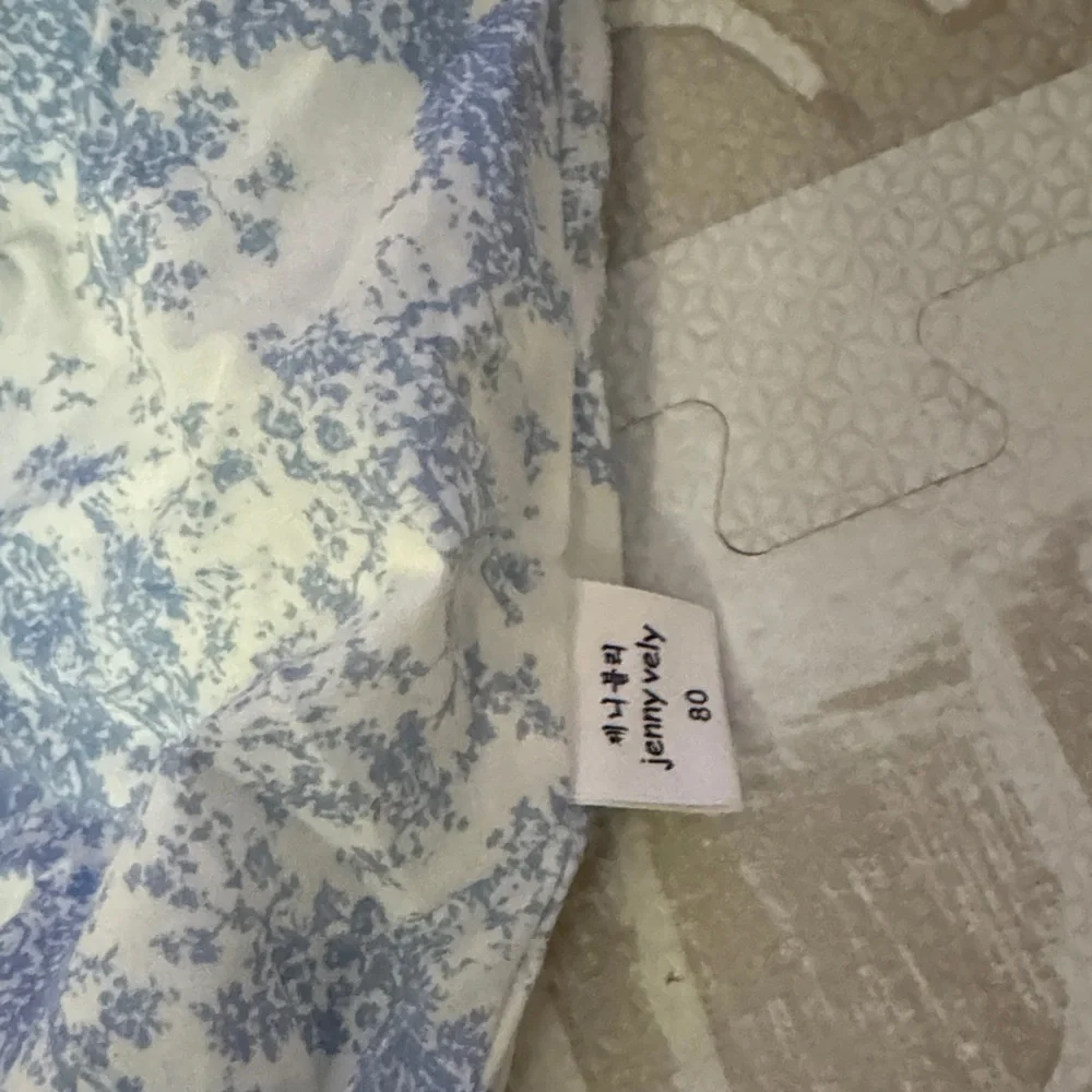 Smocked Puff-Sleeve Baby Romper in Blue Toile